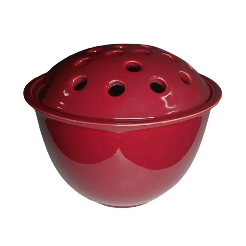 Flower Floral Glazed Ceramic Plant Pot with Frog Lid Burgundy / Maroon Vase Bowl